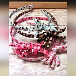 Lot of 4 thin headbands polka dot ribbon with curlie bows. Blue Pink white brown